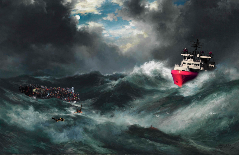 Heymann, Justin, ReMix der Original-Malerei von Moran, Thomas, moonlit shipwreck at sea, Collage digital, P-Seminar 'crossmedia', 2019